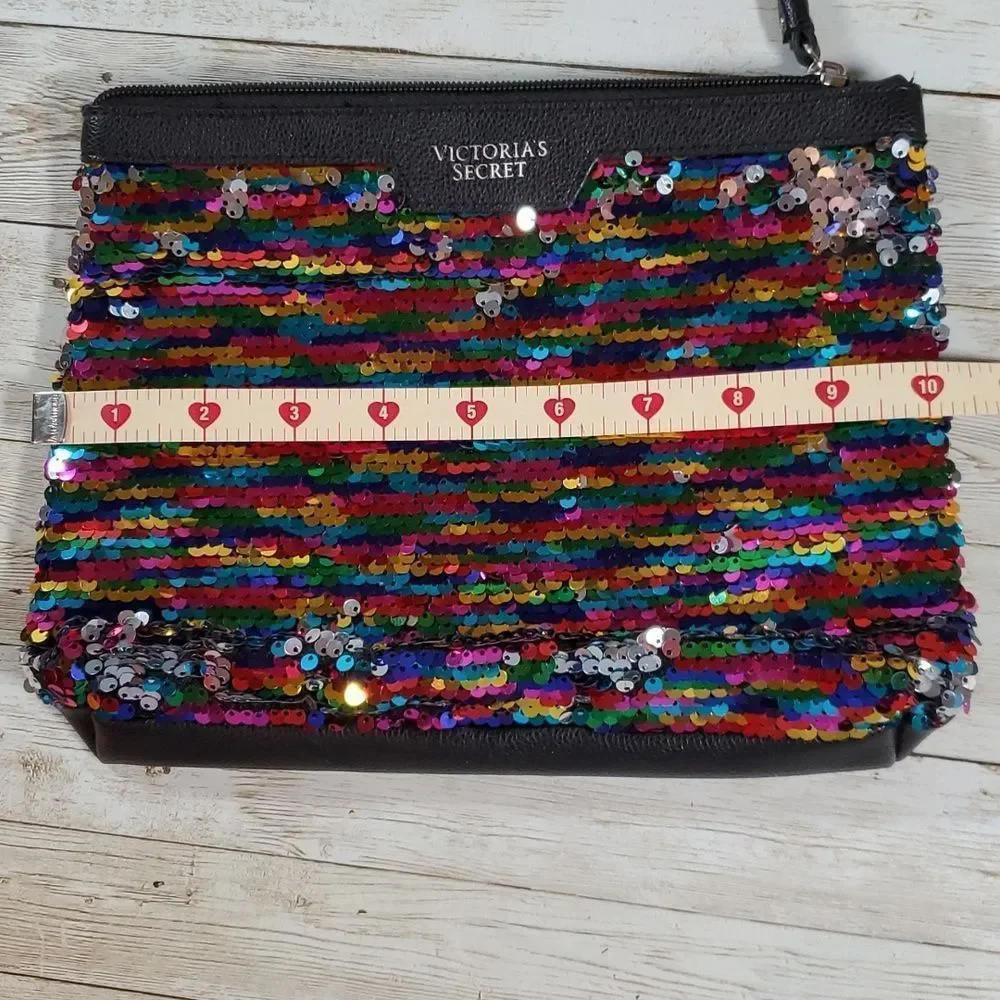 2 Victoria's Secret Bags‎ Cosmetic & Change Purse Rainbow Sequin & Pink Pleather